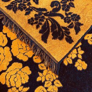 Vintage SEARS Navy Blue Rusty Gold Florals Bath Towel 25"x41" Reversible